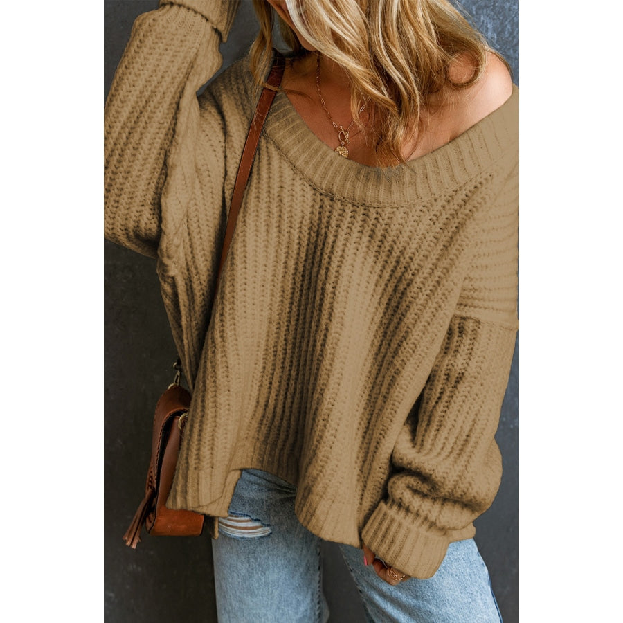 Ribbed Round Neck Dropped Shoulder Sweater