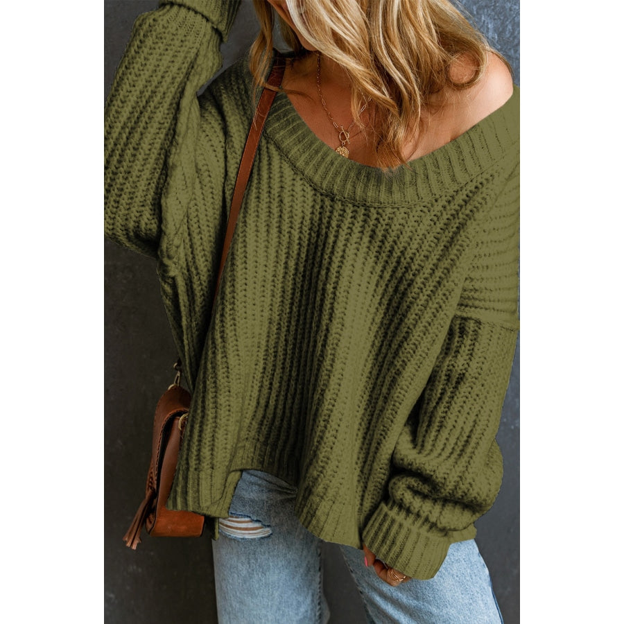 Ribbed Round Neck Dropped Shoulder Sweater