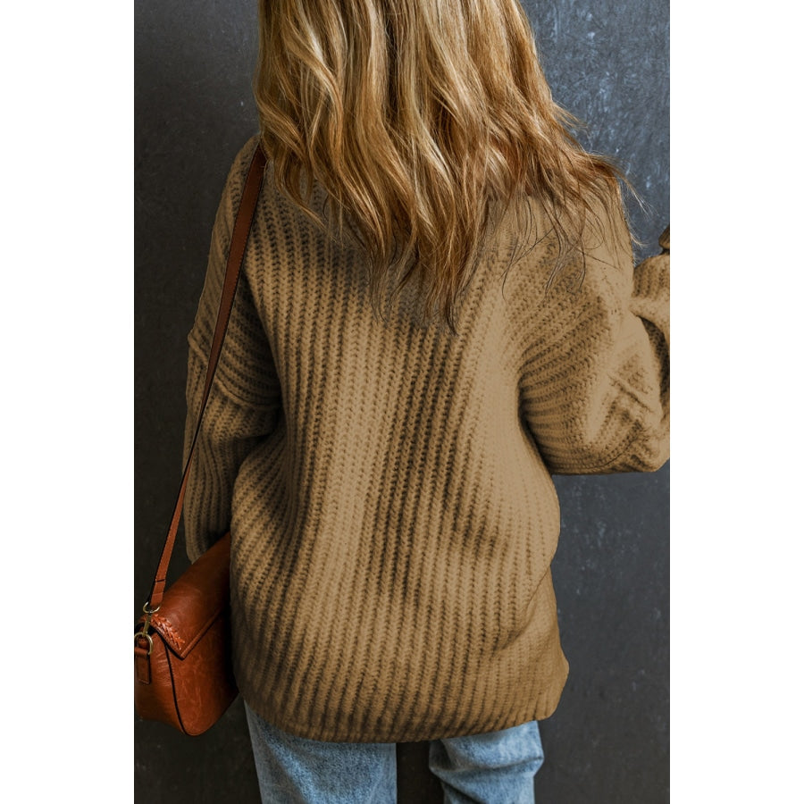 Ribbed Round Neck Dropped Shoulder Sweater