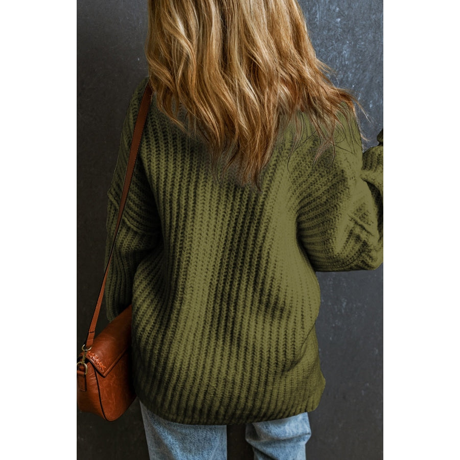 Ribbed Round Neck Dropped Shoulder Sweater