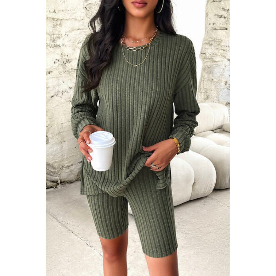 Ribbed Round Neck Dropped Shoulder Top and Shorts Set Apparel and Accessories