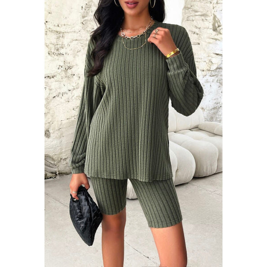 Ribbed Round Neck Dropped Shoulder Top and Shorts Set Apparel and Accessories