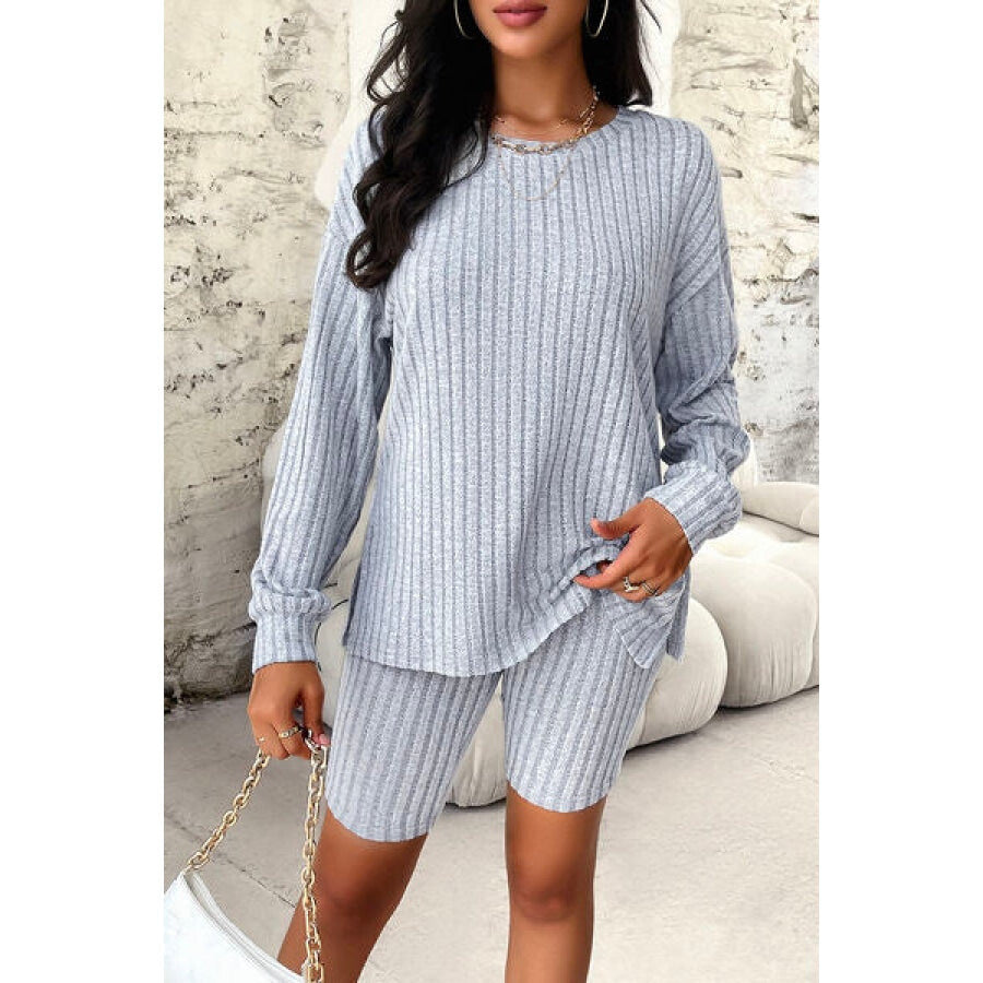 Ribbed Round Neck Dropped Shoulder Top and Shorts Set Apparel and Accessories