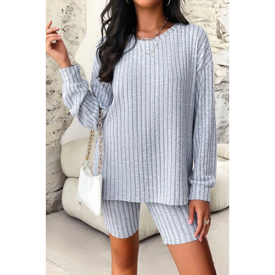 Ribbed Round Neck Dropped Shoulder Top and Shorts Set Apparel and Accessories