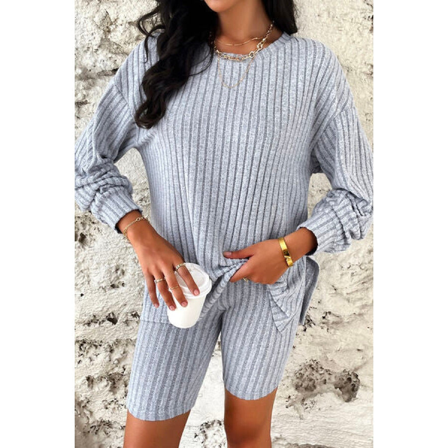 Ribbed Round Neck Dropped Shoulder Top and Shorts Set Apparel and Accessories