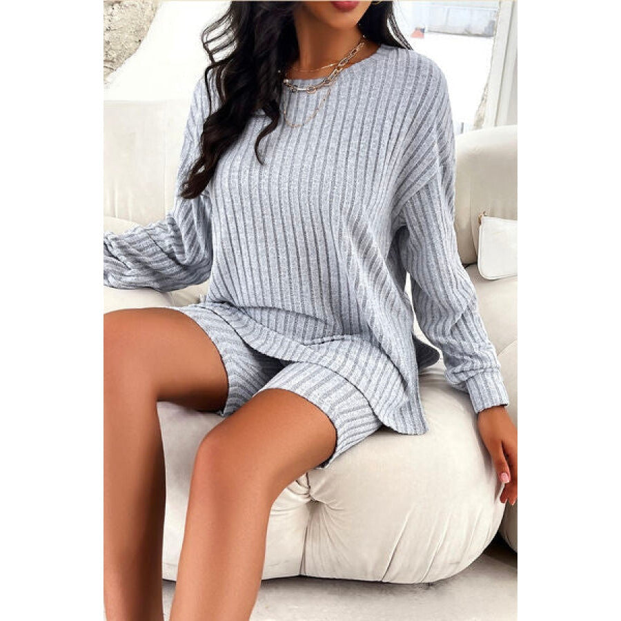 Ribbed Round Neck Dropped Shoulder Top and Shorts Set Apparel and Accessories