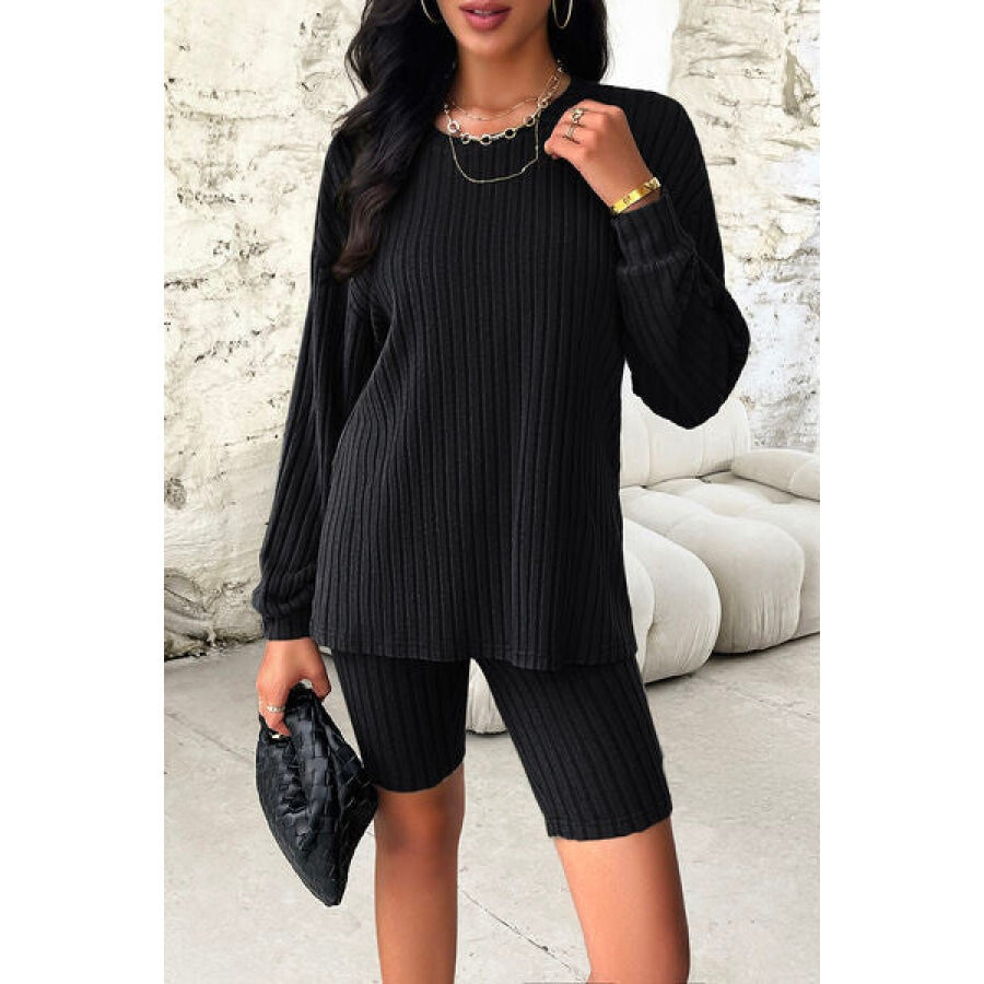 Ribbed Round Neck Dropped Shoulder Top and Shorts Set Apparel and Accessories