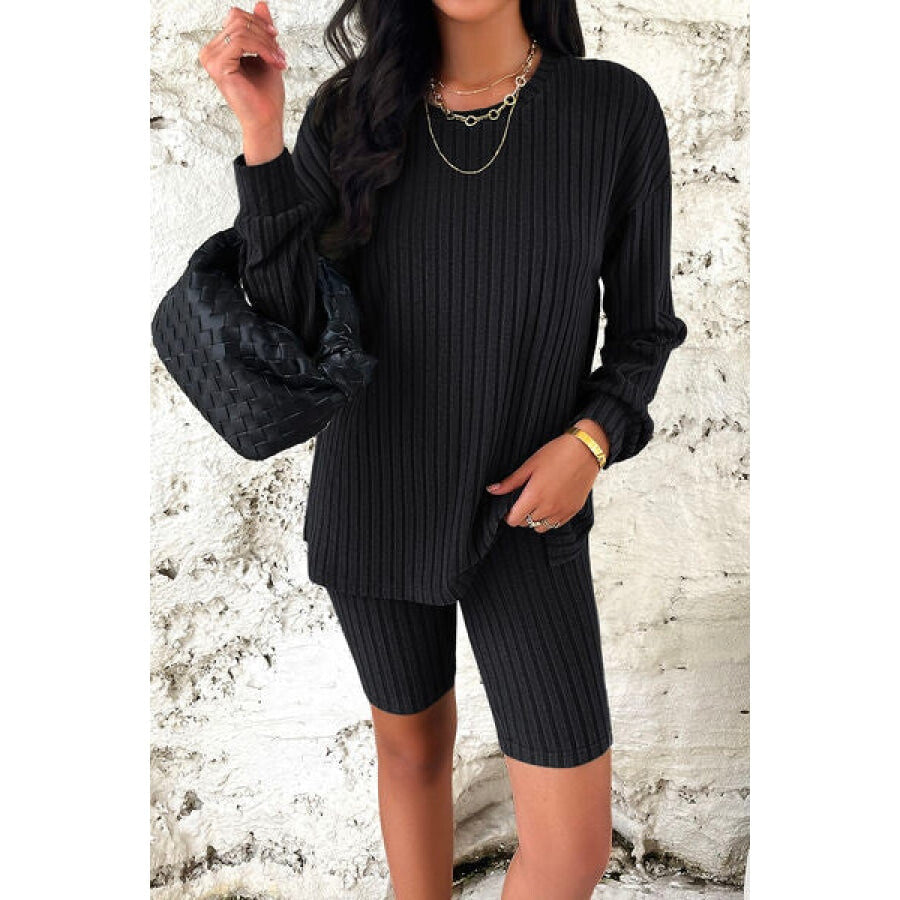 Ribbed Round Neck Dropped Shoulder Top and Shorts Set Apparel and Accessories