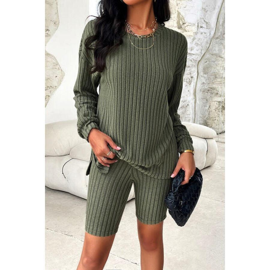 Ribbed Round Neck Dropped Shoulder Top and Shorts Set Apparel and Accessories