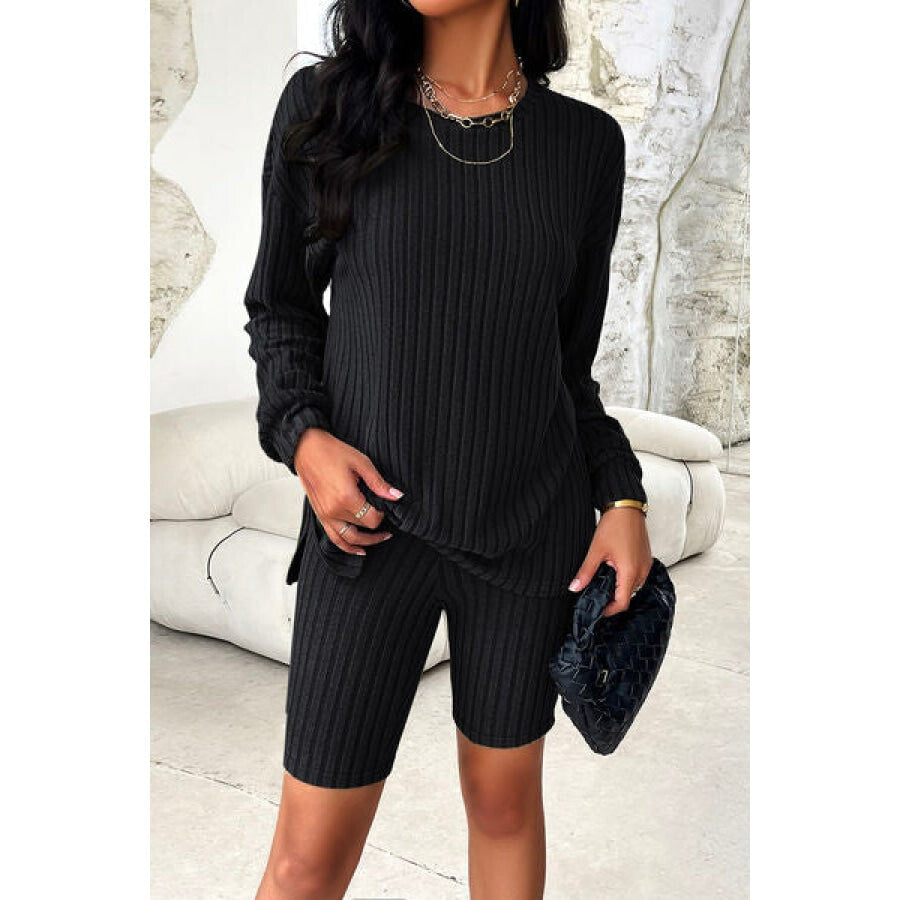 Ribbed Round Neck Dropped Shoulder Top and Shorts Set Black / S Apparel and Accessories