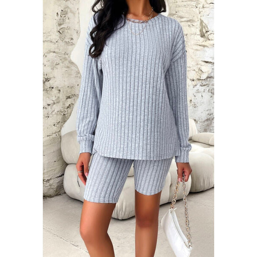 Ribbed Round Neck Dropped Shoulder Top and Shorts Set Light Gray / S Apparel and Accessories