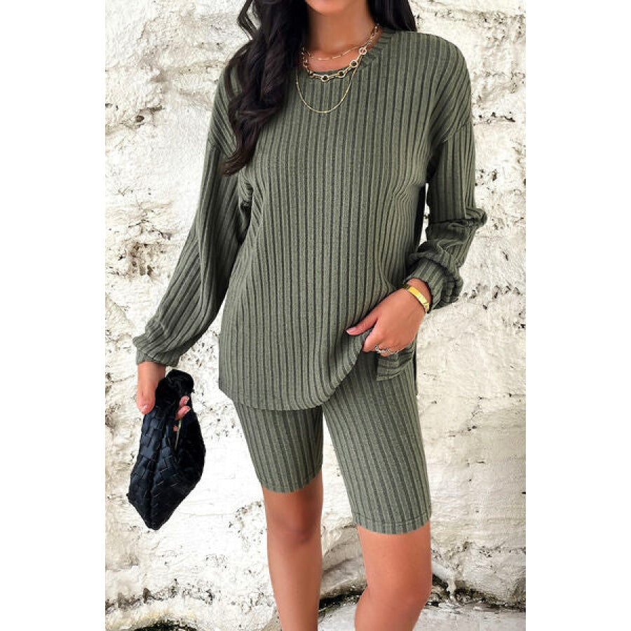 Ribbed Round Neck Dropped Shoulder Top and Shorts Set Matcha Green / S Apparel and Accessories