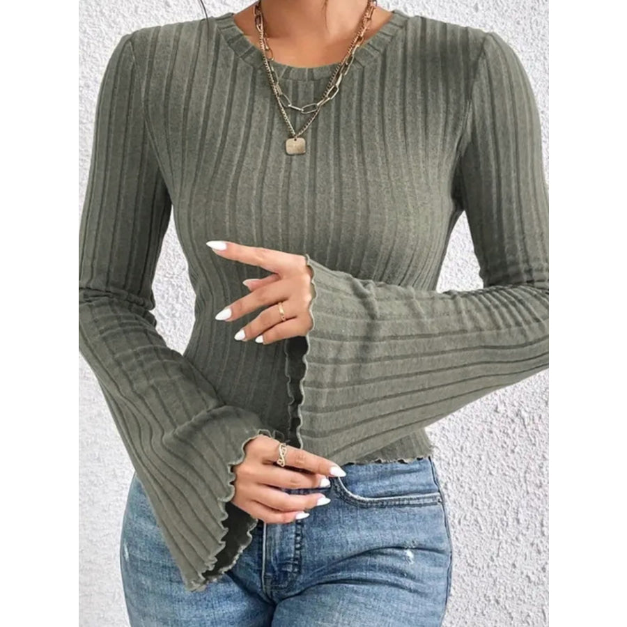 Ribbed Round Neck Flare Sleeve T-Shirt Apparel and Accessories