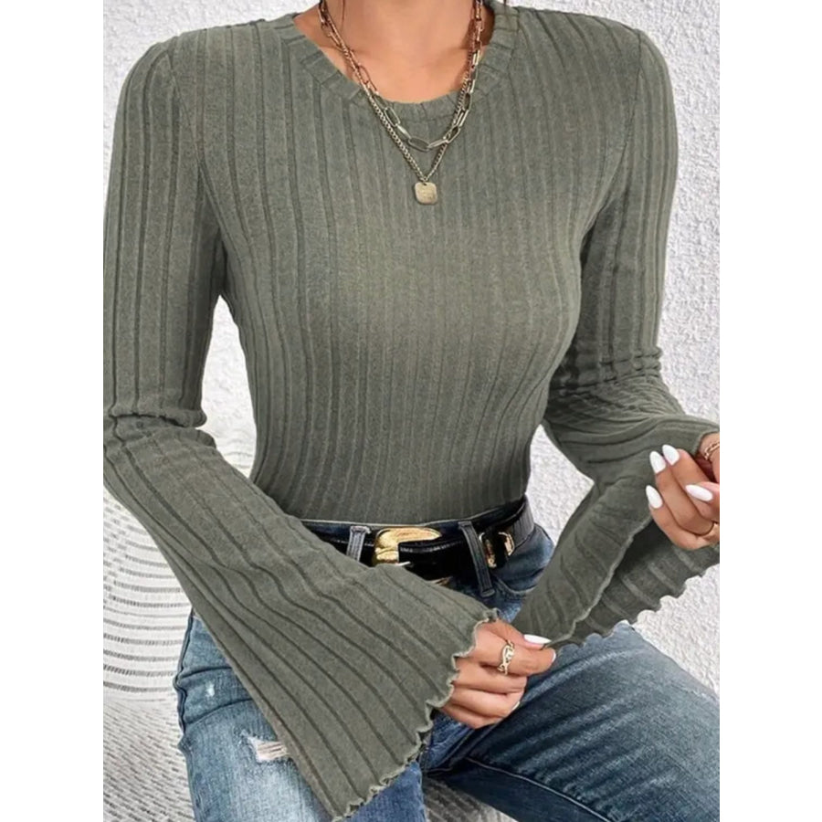 Ribbed Round Neck Flare Sleeve T-Shirt Apparel and Accessories