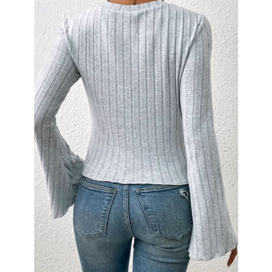 Ribbed Round Neck Flare Sleeve T-Shirt Apparel and Accessories