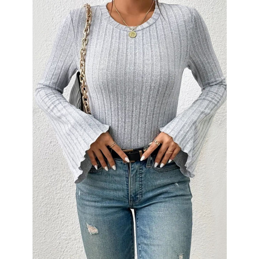 Ribbed Round Neck Flare Sleeve T-Shirt Apparel and Accessories