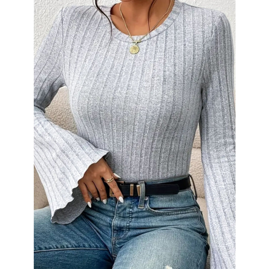 Ribbed Round Neck Flare Sleeve T-Shirt Apparel and Accessories