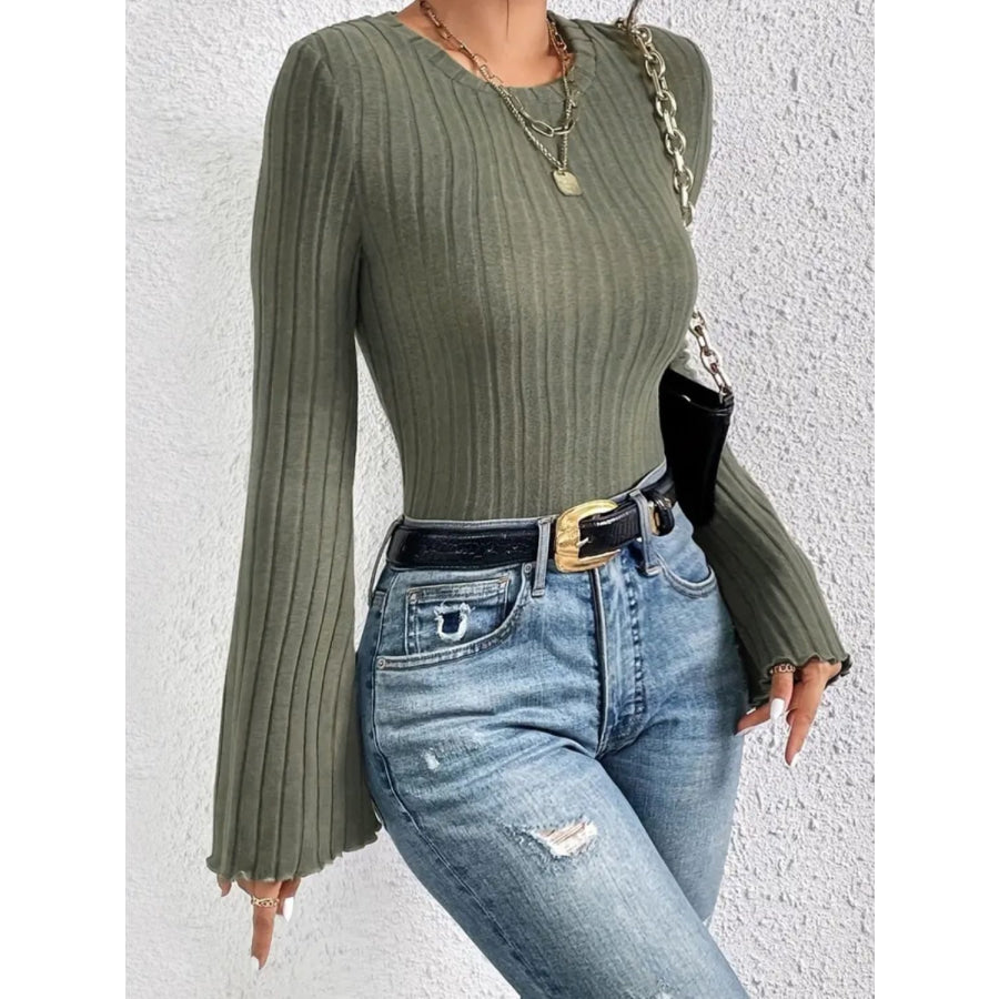 Ribbed Round Neck Flare Sleeve T-Shirt Apparel and Accessories