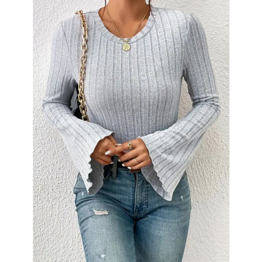 Ribbed Round Neck Flare Sleeve T-Shirt Gray / S Apparel and Accessories