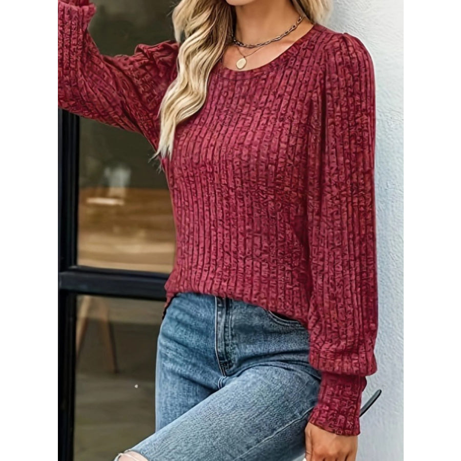 Ribbed Round Neck Lantern Sleeve Blouse Apparel and Accessories