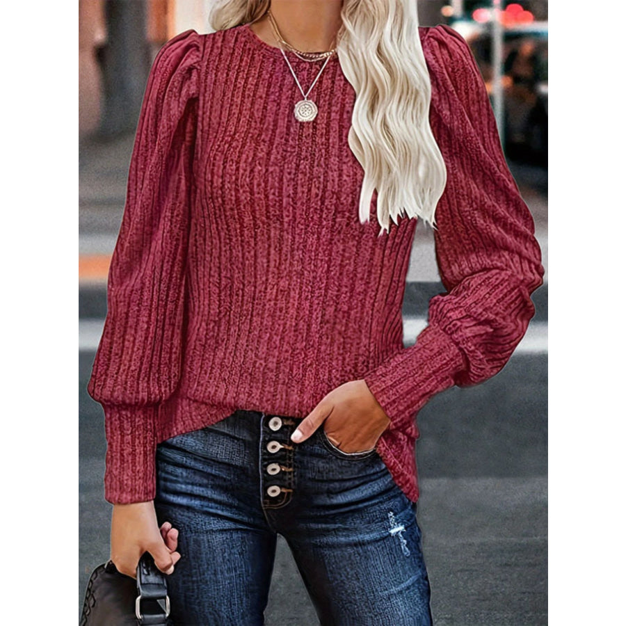 Ribbed Round Neck Lantern Sleeve Blouse Wine / S Apparel and Accessories