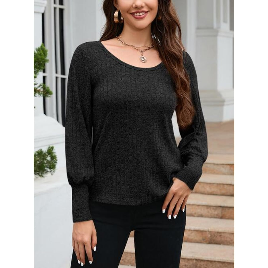 Ribbed Round Neck Lantern Sleeve Knit Top Black / S