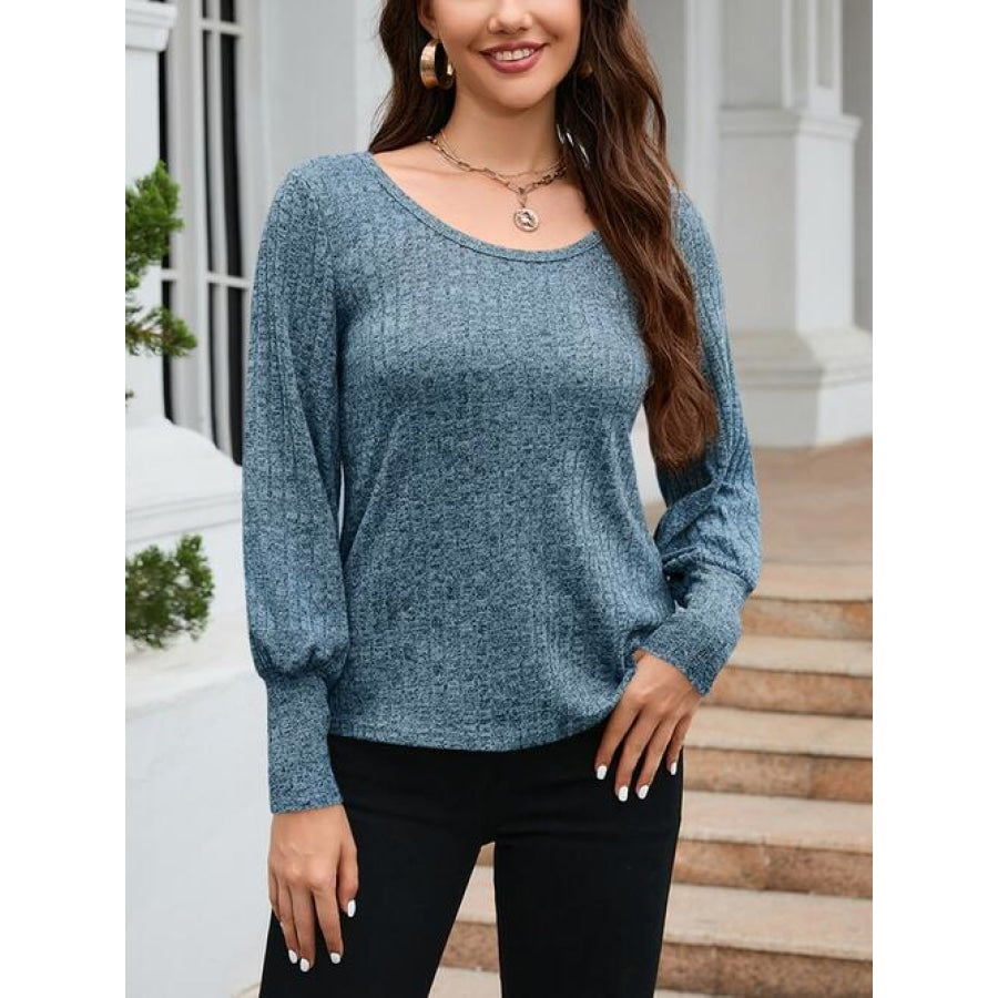 Ribbed Round Neck Lantern Sleeve Knit Top Misty Blue / S