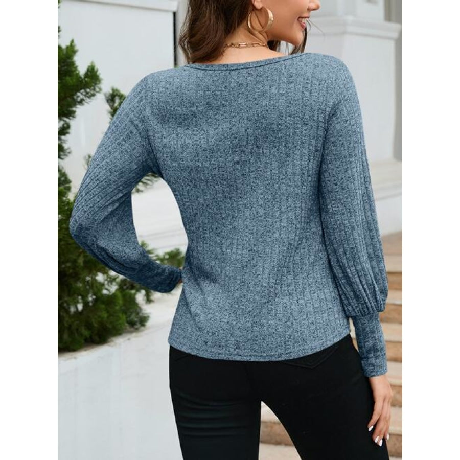 Ribbed Round Neck Lantern Sleeve Knit Top Misty Blue / S