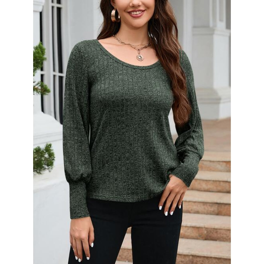 Ribbed Round Neck Lantern Sleeve Knit Top