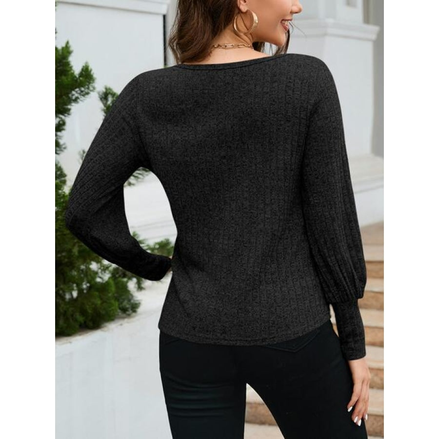 Ribbed Round Neck Lantern Sleeve Knit Top