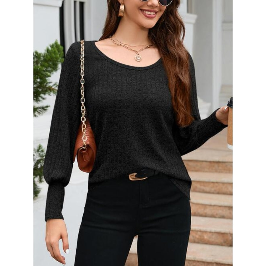 Ribbed Round Neck Lantern Sleeve Knit Top