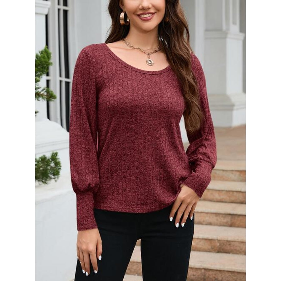 Ribbed Round Neck Lantern Sleeve Knit Top