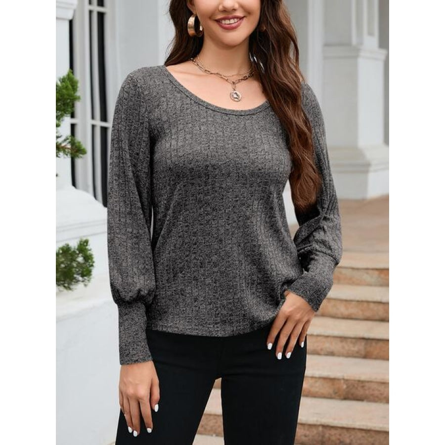 Ribbed Round Neck Lantern Sleeve Knit Top