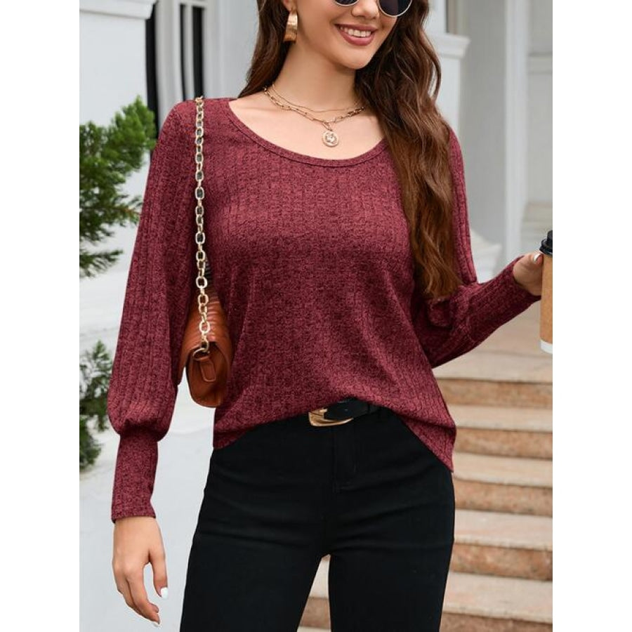 Ribbed Round Neck Lantern Sleeve Knit Top Wine / S