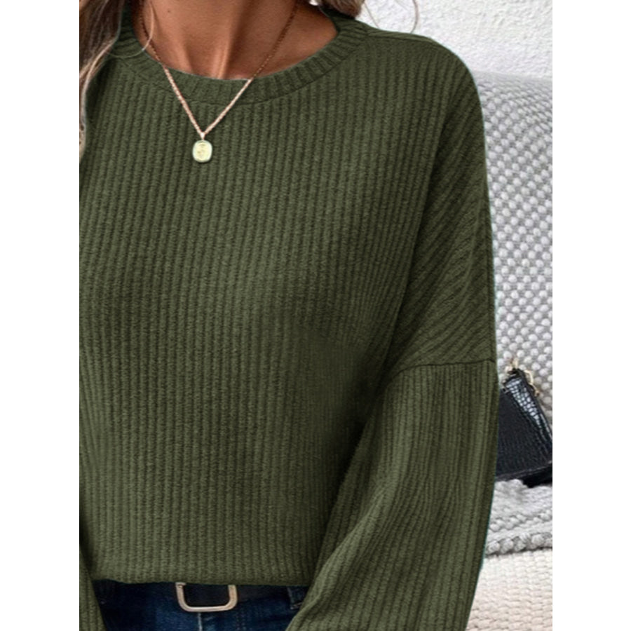 Ribbed Round Neck Lantern Sleeve T-Shirt Apparel and Accessories