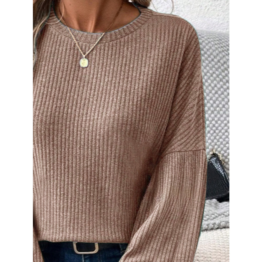 Ribbed Round Neck Lantern Sleeve T-Shirt Apparel and Accessories