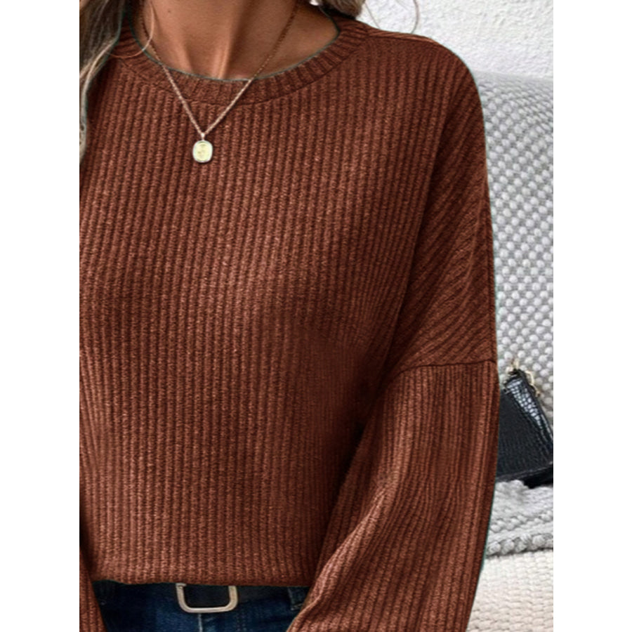 Ribbed Round Neck Lantern Sleeve T-Shirt Apparel and Accessories