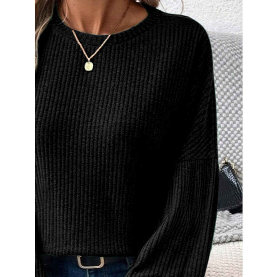 Ribbed Round Neck Lantern Sleeve T-Shirt Apparel and Accessories