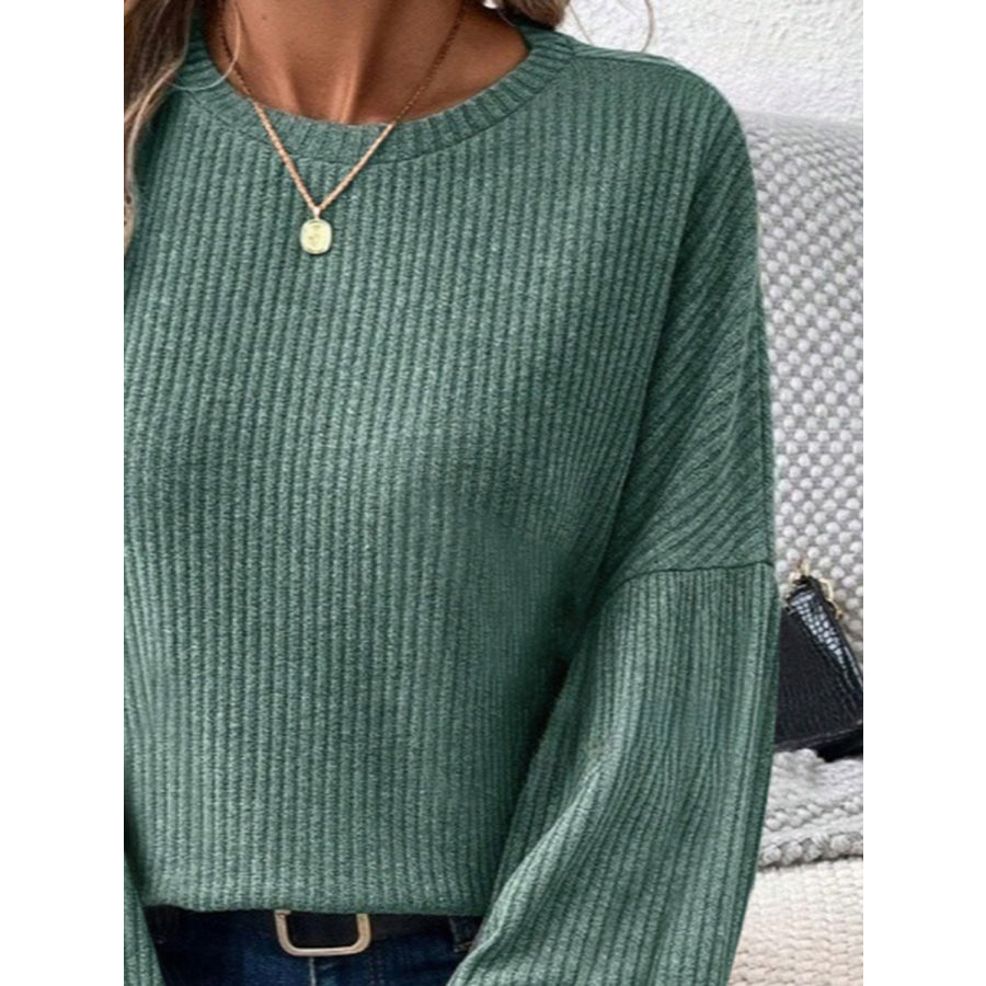 Ribbed Round Neck Lantern Sleeve T-Shirt Apparel and Accessories