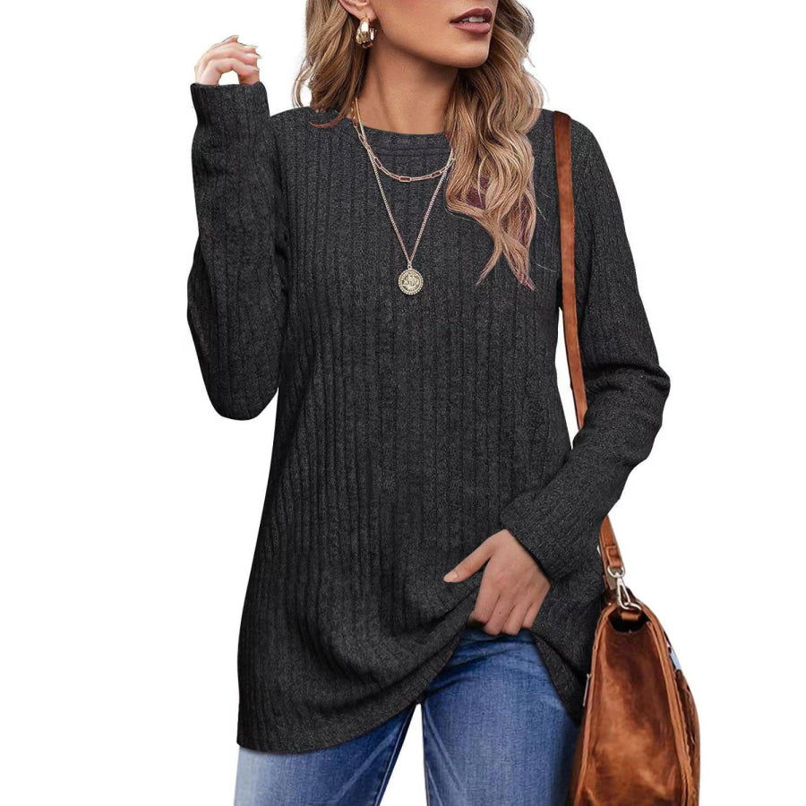 Ribbed Round Neck Long Sleeve Blouse Apparel and Accessories