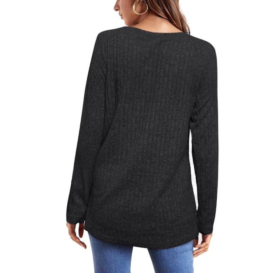 Ribbed Round Neck Long Sleeve Blouse Apparel and Accessories