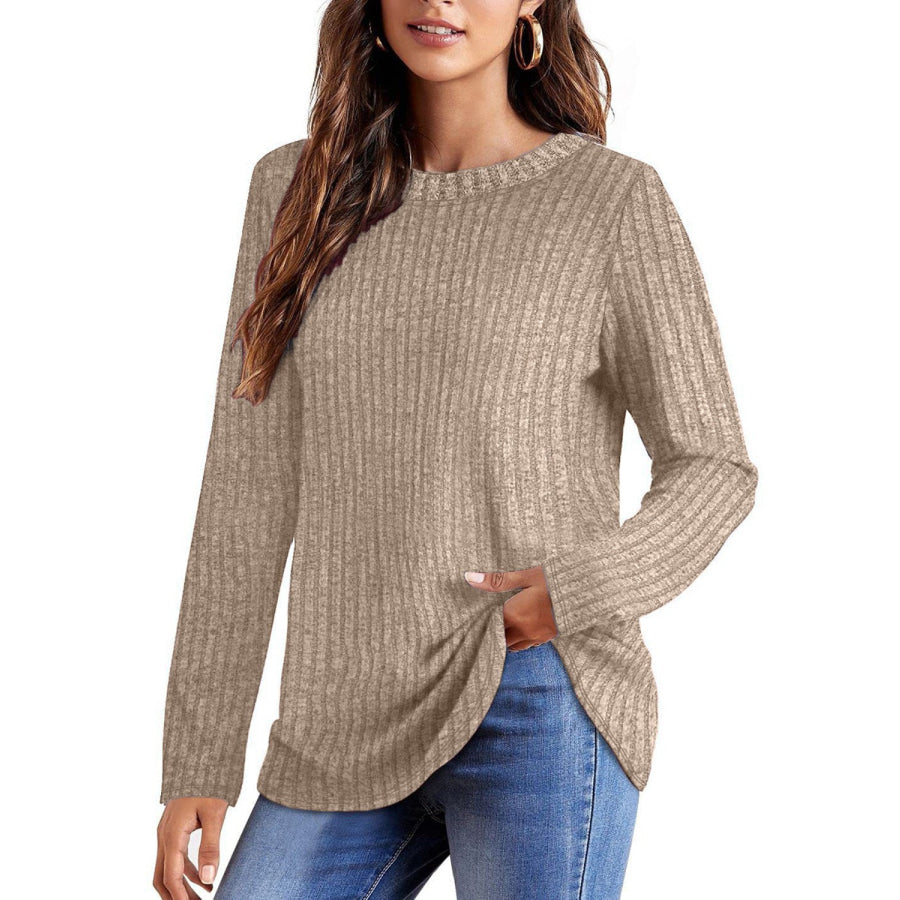 Ribbed Round Neck Long Sleeve Blouse Apparel and Accessories