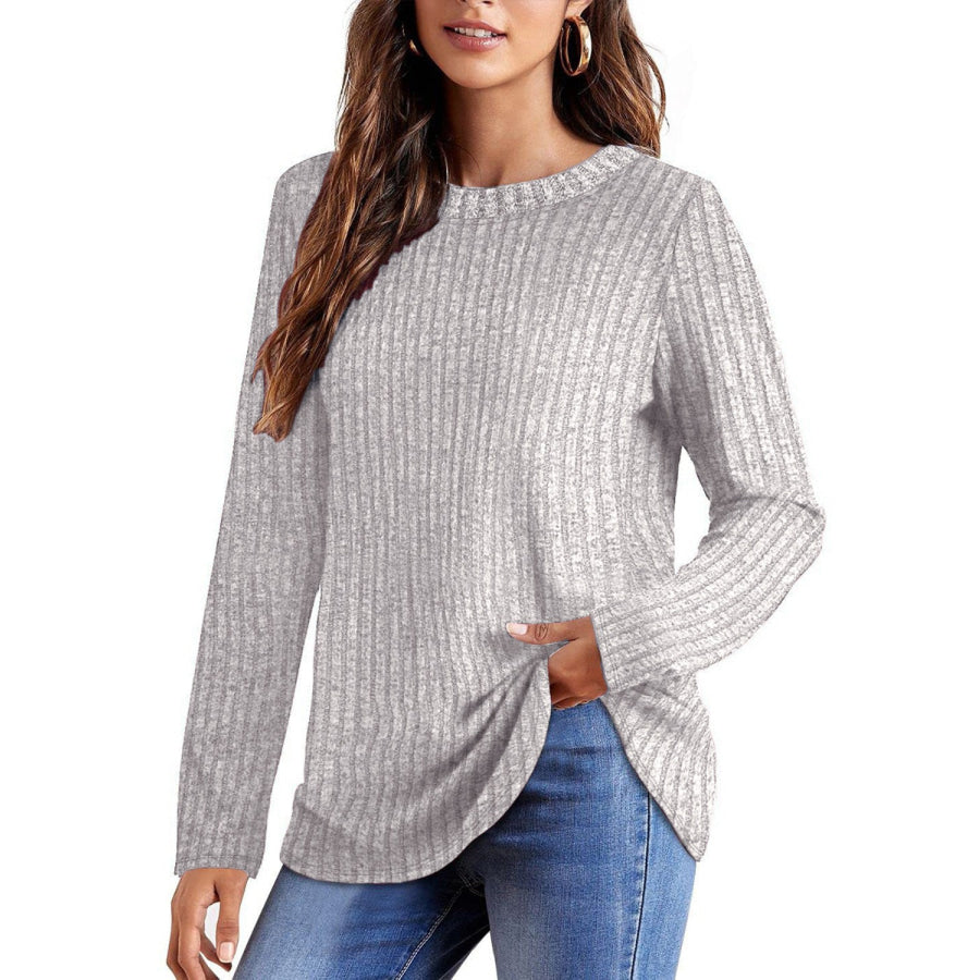 Ribbed Round Neck Long Sleeve Blouse Apparel and Accessories