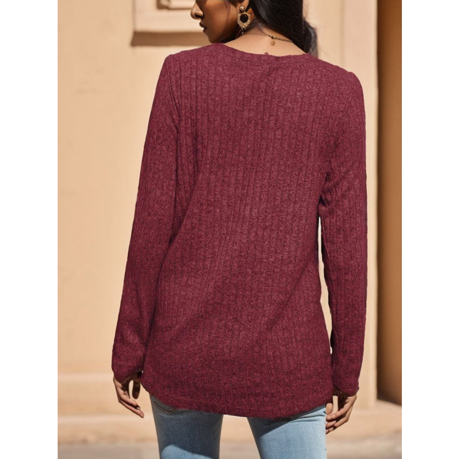 Ribbed Round Neck Long Sleeve Blouse Apparel and Accessories