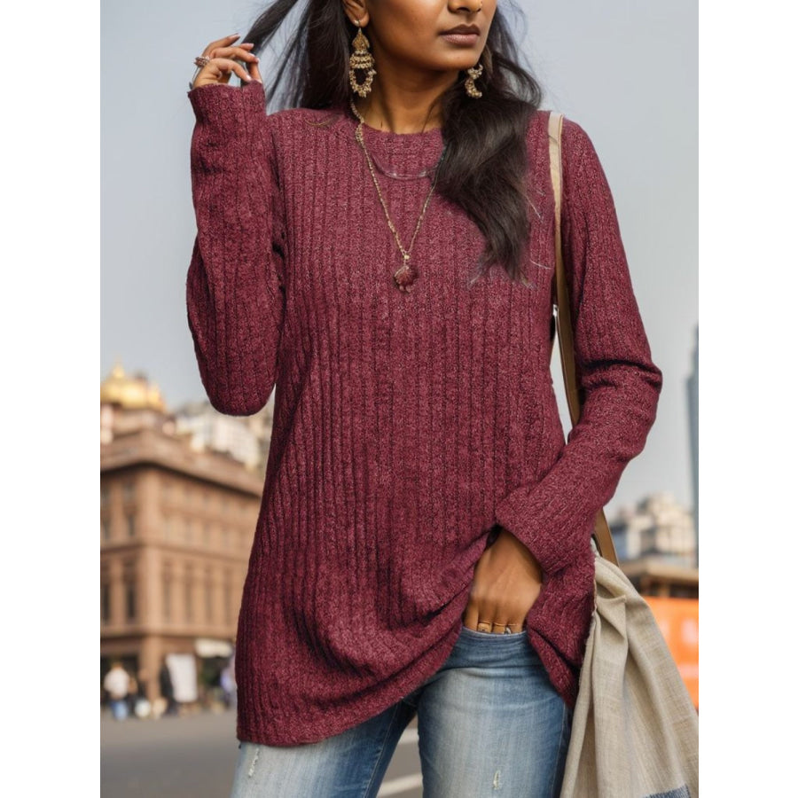 Ribbed Round Neck Long Sleeve Blouse Apparel and Accessories