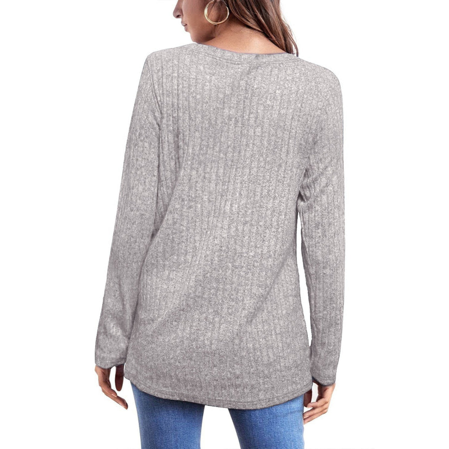 Ribbed Round Neck Long Sleeve Blouse Apparel and Accessories