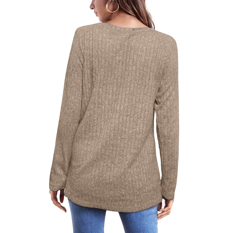 Ribbed Round Neck Long Sleeve Blouse Apparel and Accessories