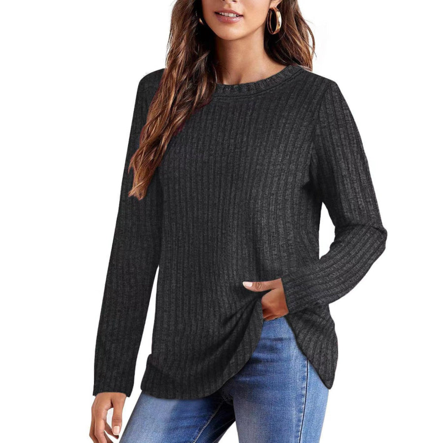 Ribbed Round Neck Long Sleeve Blouse Black / S Apparel and Accessories