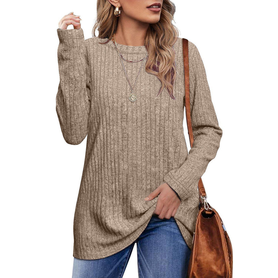 Ribbed Round Neck Long Sleeve Blouse Camel / S Apparel and Accessories