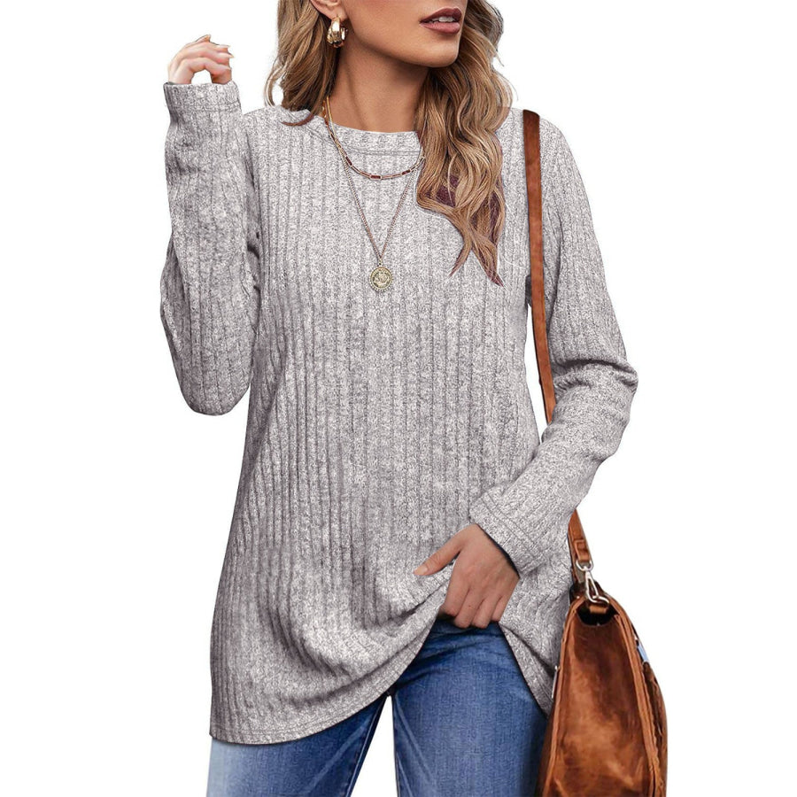 Ribbed Round Neck Long Sleeve Blouse Light Gray / S Apparel and Accessories